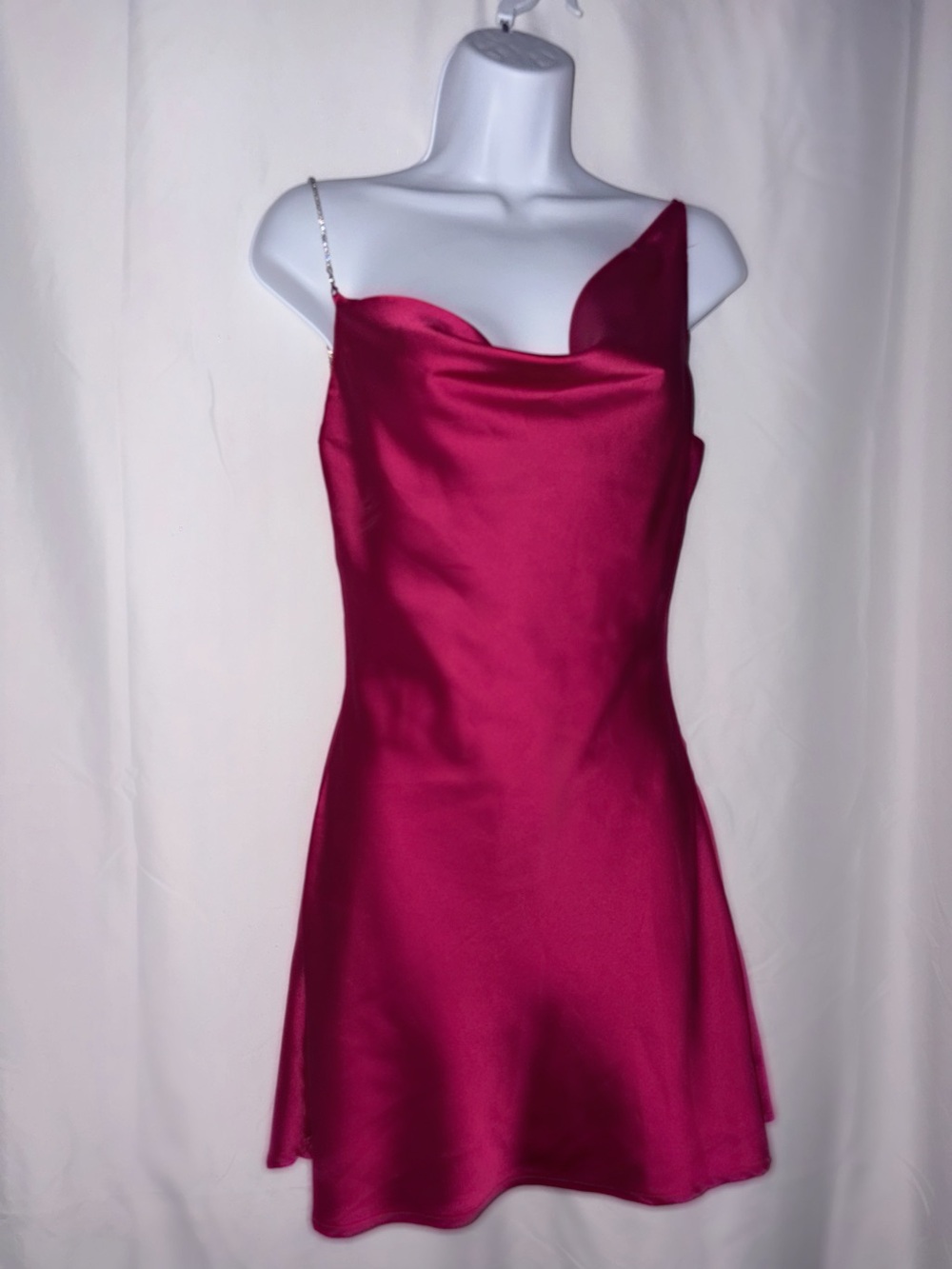 Le Lis Satin Asymmetrical Cowl Mini Dress in Fuchsia